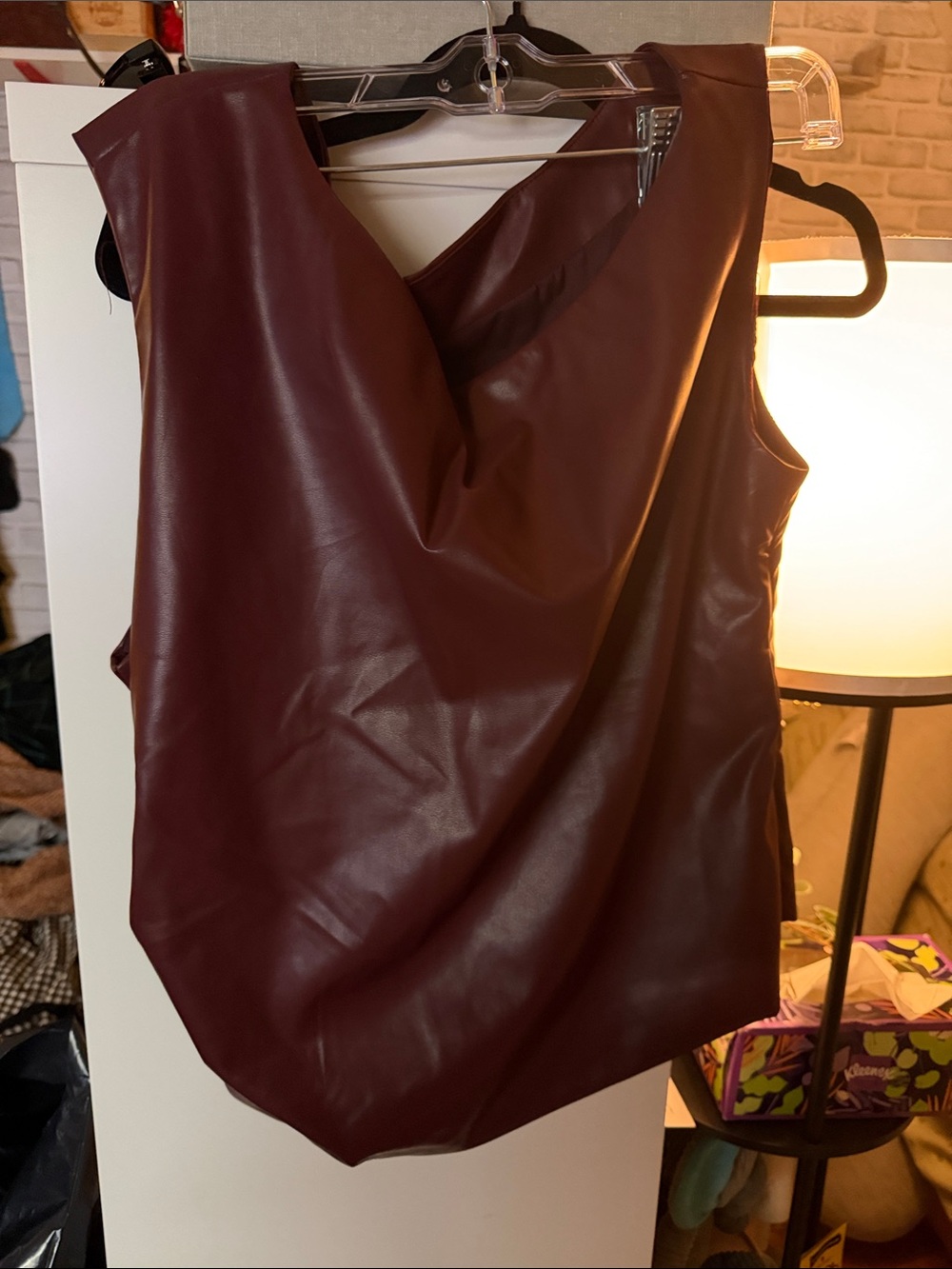 Amazon Women's Faux Leather Sleeveless Blouse in Burgundy
